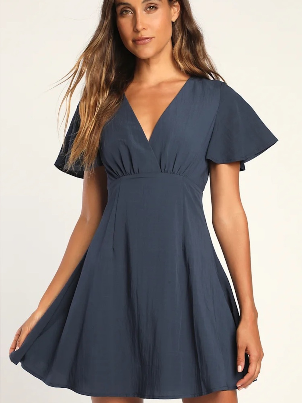 Lulus Dream Girl Navy Blue Flutter Sleeve Mini Dress Ruffle Short Sleeve Size S